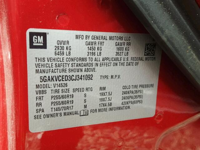 5GAKVCED3CJ341092 - 2012 BUICK ENCLAVE RED photo 10