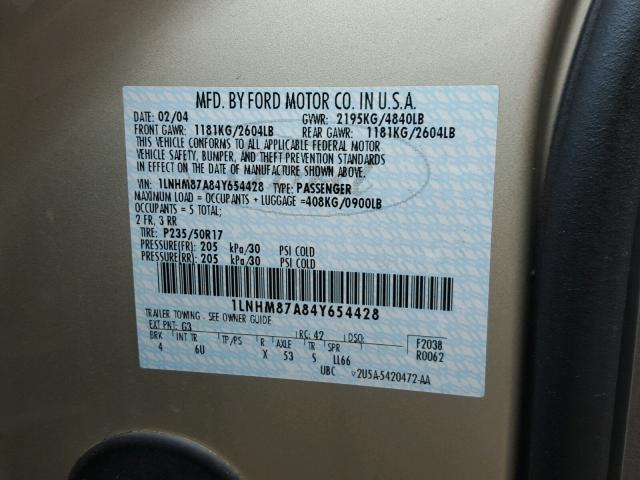 1LNHM87A84Y654428 - 2004 LINCOLN LS 金色 照片 10