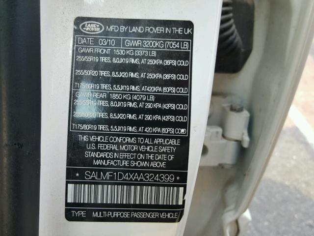 SALMF1D4XAA324399 - 2010 LAND ROVER RANGE ROVE WHITE photo 10