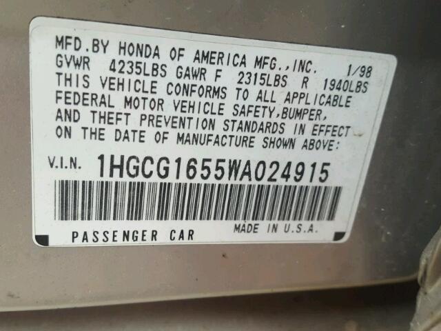 1HGCG1655WA024915 - 1998 HONDA ACCORD EX SILVER photo 10