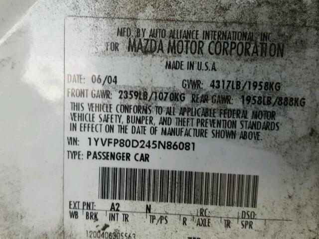 1YVFP80D245N86081 - 2004 MAZDA 6 S WHITE photo 10