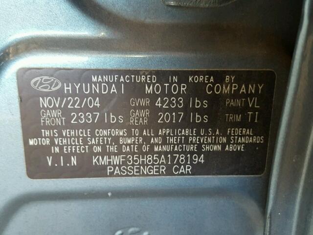 KMHWF35H85A178194 - 2005 HYUNDAI SONATA GLS GREEN photo 10