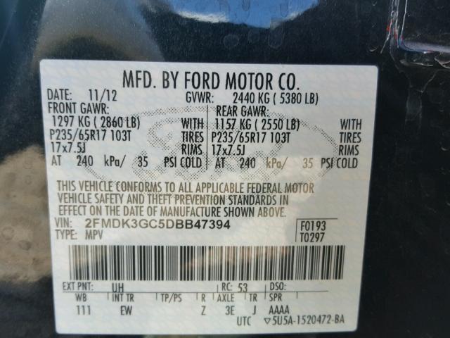 2FMDK3GC5DBB47394 - 2013 FORD EDGE GRAY photo 10