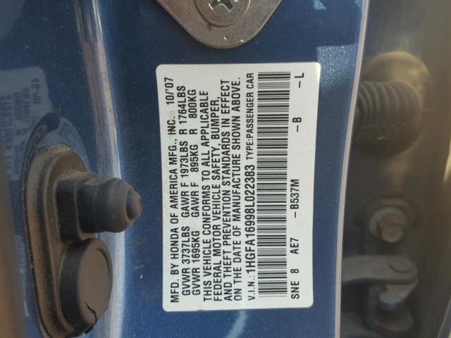 1HGFA16998L022383 - 2008 HONDA CIVIC EXL 蓝色 照片 10