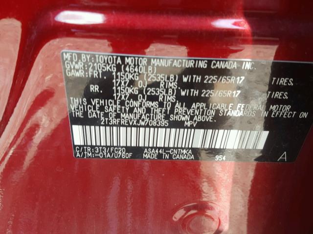 2T3RFREVXJW708395 - 2018 TOYOTA RAV4 ADVEN RED photo 10