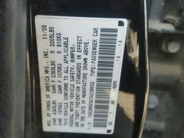 1HGCM66547A038652 - 2007 HONDA ACCORD EX BLACK photo 10