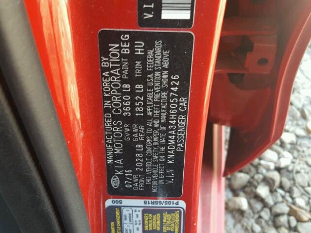 KNADM4A34H6057426 - 2017 KIA RIO RED photo 10