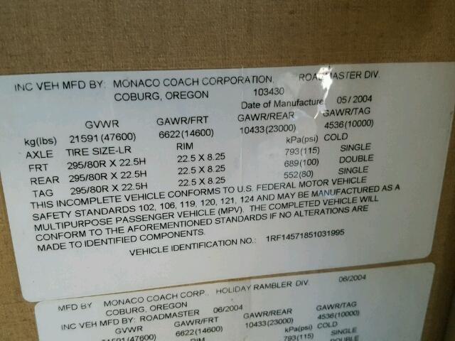 1RF14571851031995 - 2005 ROADMASTER RAIL MONOCOQUE თაფლისფერი ფოტო 10