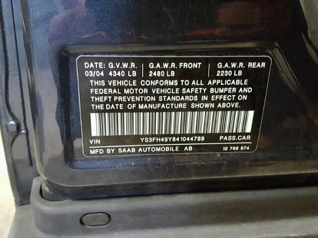 YS3FH49Y841044789 - 2004 SAAB 9-3 BLUE photo 10