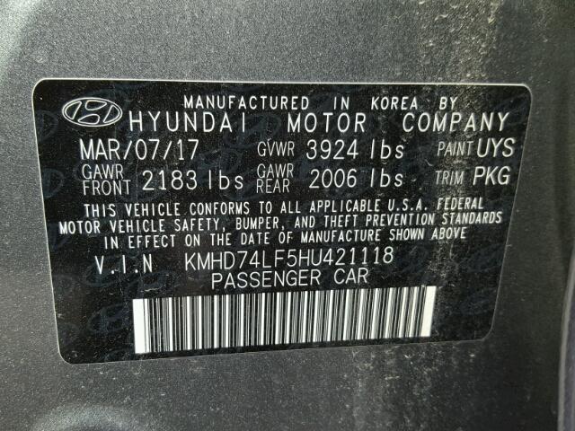 KMHD74LF5HU421118 - 2017 HYUNDAI ELANTRA SE GRAY photo 10