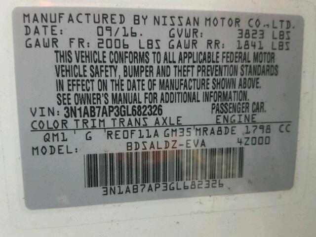 3N1AB7AP3GL682326 - 2016 NISSAN SENTRA WHITE photo 10