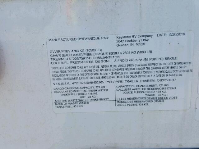 4YDT32520HB452165 - 2017 OUTB SUPERLITE WHITE photo 10