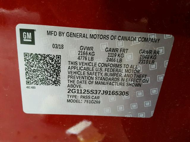 2G1125S37J9165305 - 2018 CHEVROLET IMPALA PRE RED photo 10