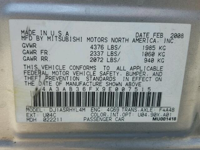 4A3AB36FX9E007515 - 2009 MITSUBISHI GALANT ES SILVER photo 10