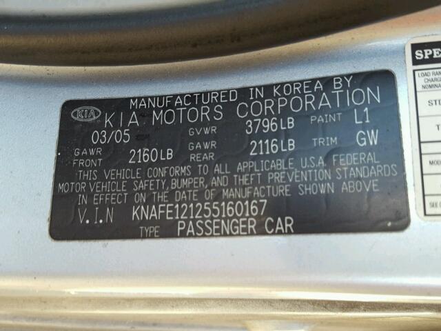 KNAFE121255160167 - 2005 KIA NEW SPECTR SILVER photo 10