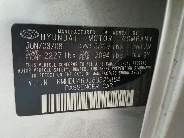 KMHDU46D38U525884 - 2008 HYUNDAI ELANTRA GL SILVER photo 10