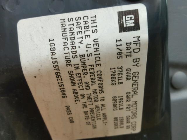 1G8AJ55F66Z151046 - 2006 SATURN ION LEVEL Boz foto 10