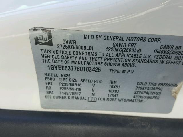 1GYEE637780103425 - 2008 CADILLAC SRX WHITE photo 10