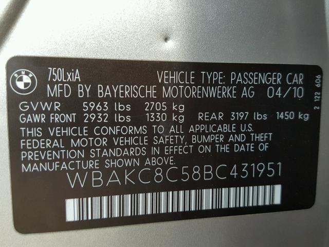 WBAKC8C58BC431951 - 2011 BMW SERIES 7 SILVER photo 10