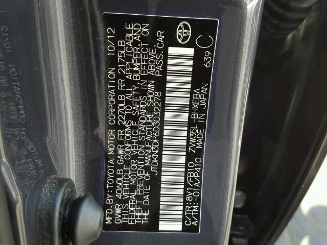 JTDKN3DP6D3032278 - 2013 TOYOTA PRIUS PLUG GRAY photo 10