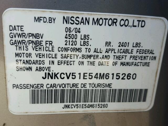 JNKCV51E54M615260 - 2004 INFINITI G35 SILVER photo 10