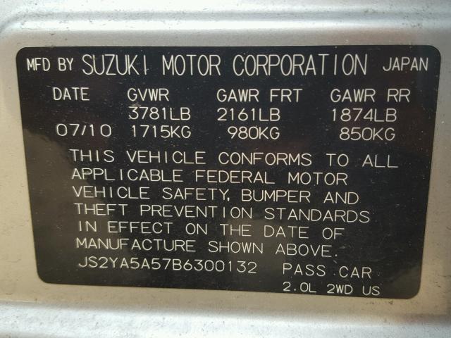 JS2YA5A57B6300132 - 2011 SUZUKI SX4 BASE SILVER photo 10