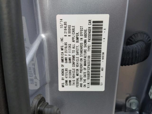 19UUB3F52FA002188 - 2015 ACURA TLX TECH ვერცხლისფერი ფოტო 10