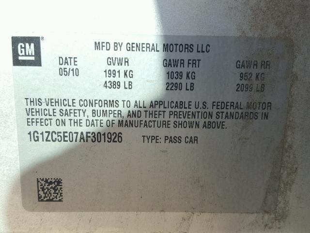 1G1ZC5E07AF301926 - 2010 CHEVROLET MALIBU 1LT ვერცხლისფერი ფოტო 10