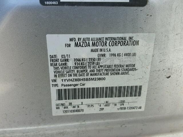 1YVHZ8BH5B5M23800 - 2011 MAZDA 6 SILVER photo 10