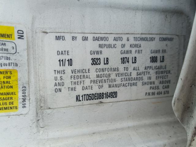 KL1TD5DE0BB164920 - 2011 CHEVROLET AVEO LS WHITE photo 10