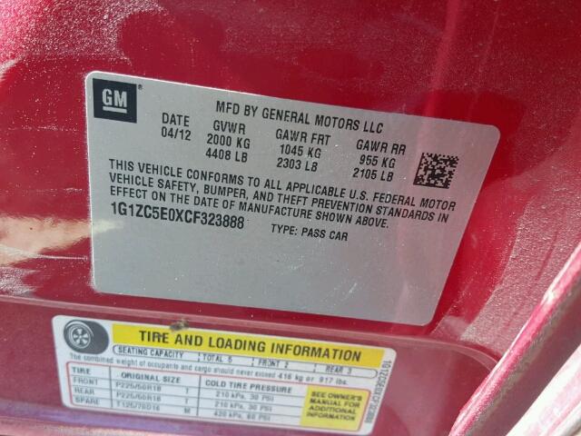 1G1ZC5E0XCF323888 - 2012 CHEVROLET MALIBU 1LT წითელი ფოტო 10