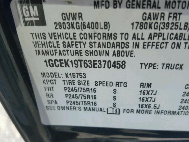 1GCEK19T63E370458 - 2003 CHEVROLET SILVERADO GREEN photo 10