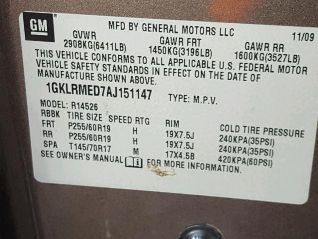 1GKLRMED7AJ151147 - 2010 GMC ACADIA SLT 棕色 照片 10