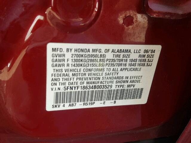 5FNYF18634B003529 - 2004 HONDA PILOT EXL RED photo 10