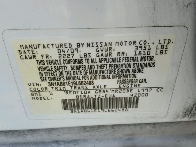 3N1AB61E19L662488 - 2009 NISSAN SENTRA 2.0 WHITE photo 10