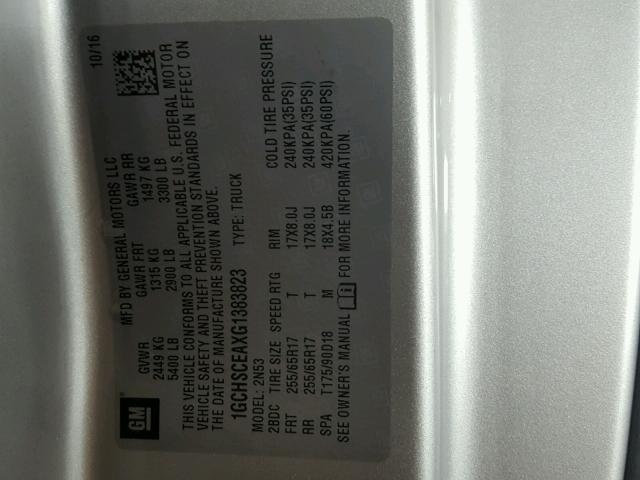 1GCHSCEAXG1383823 - 2016 CHEVROLET COLORADO L SILVER photo 10