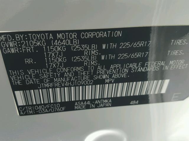 JTMRFREV4HJ109002 - 2017 TOYOTA RAV4 XLE WHITE photo 10