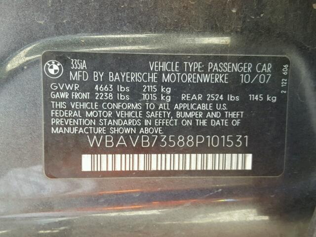 WBAVB73588P101531 - 2008 BMW 335 I GRAY photo 10