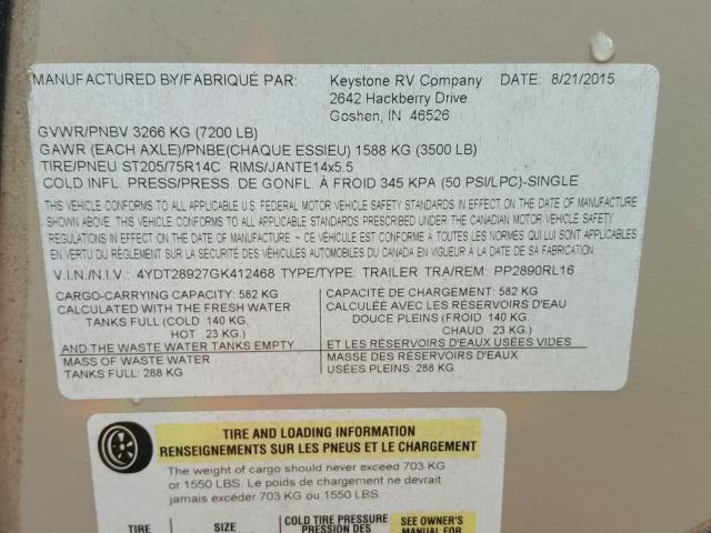 4YDT28927GK412468 - 2016 KEYSTONE PASSPORT 奶油色 照片 10