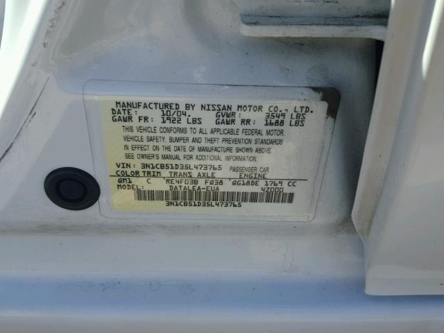 3N1CB51D35L473765 - 2005 NISSAN SENTRA 1.8 WHITE photo 10