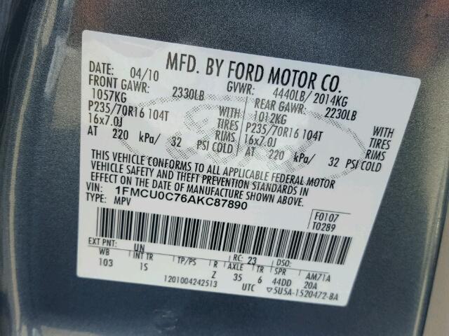 1FMCU0C76AKC87890 - 2010 FORD ESCAPE BLUE photo 10