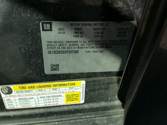 1G1ZC5E02AF307956 - 2010 CHEVROLET MALIBU 1LT CHARCOAL photo 10