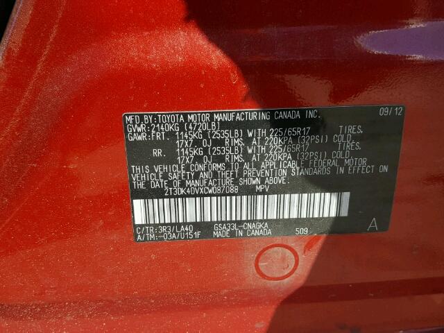 2T3DK4DVXCW087088 - 2012 TOYOTA RAV4 RED photo 10