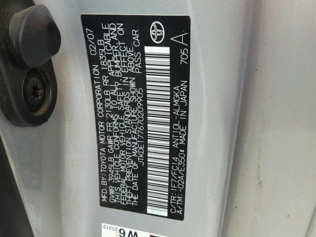 JTKDE177670209905 - 2007 TOYOTA SCION TC 银色 照片 10