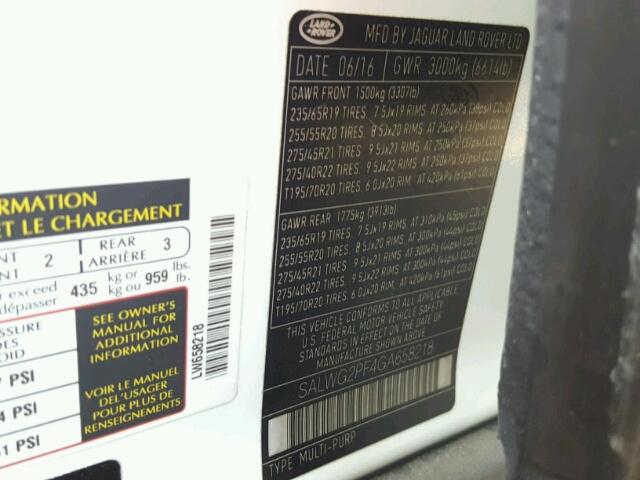 SALWG2PF4GA658218 - 2016 LAND ROVER RANGE ROVE WHITE photo 10