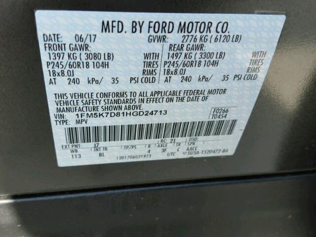 1FM5K7D81HGD24713 - 2017 FORD EXPLORER X GRAY photo 10