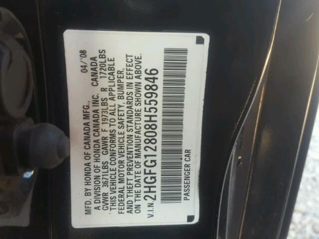 2HGFG12808H559846 - 2008 HONDA CIVIC EX BLACK photo 10