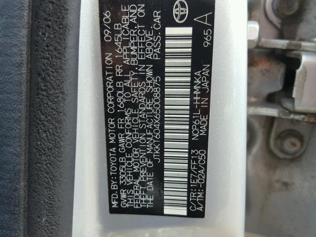 JTKKT604X65008875 - 2006 TOYOTA SCION XA SILVER photo 10