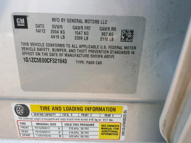 1G1ZC5E00CF321843 - 2012 CHEVROLET MALIBU 1LT SILVER photo 10