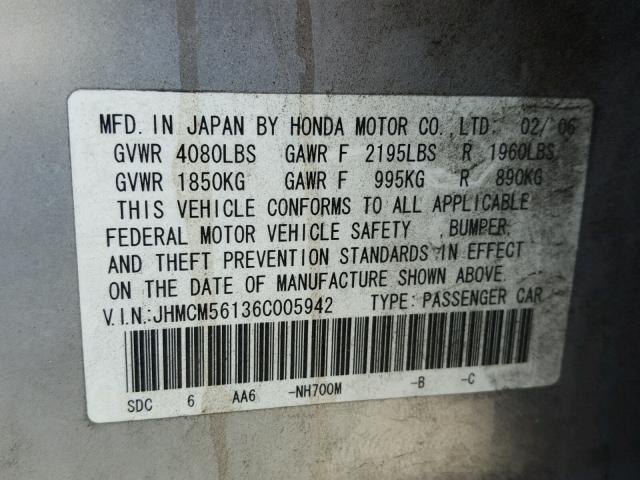 JHMCM56136C005942 - 2006 HONDA ACCORD VAL SILVER photo 10